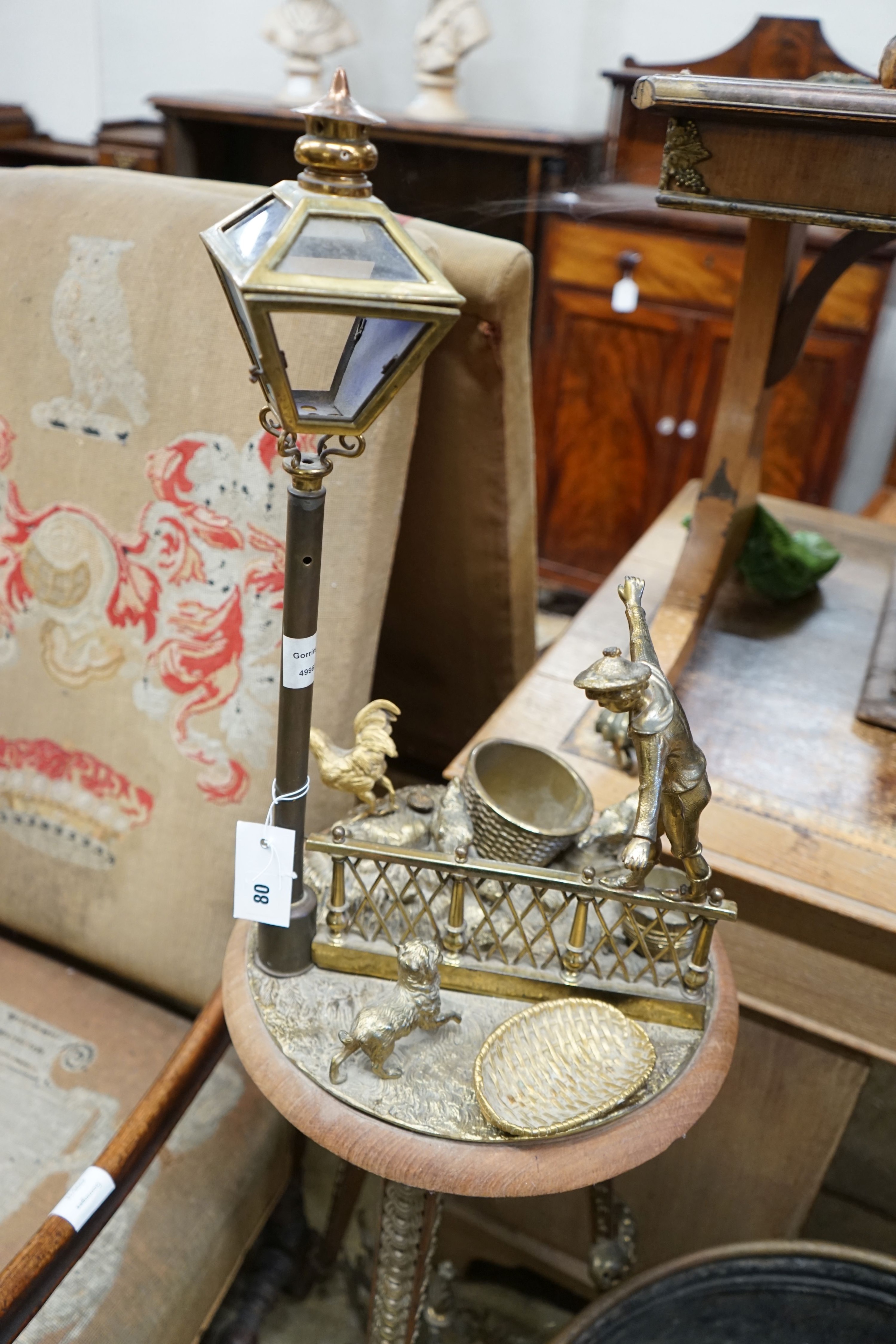 A late 19th century French gilt metal mounted standard lamp/smoker's stand, height 130cm